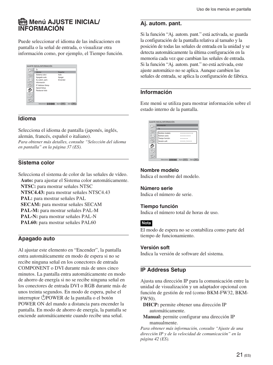 Menú ajuste inicial/ información, Idioma, Sistema color | Apagado auto, Aj. autom. pant, Información, Ip address setup | Sony FWD-42PX2 User Manual | Page 221 / 352