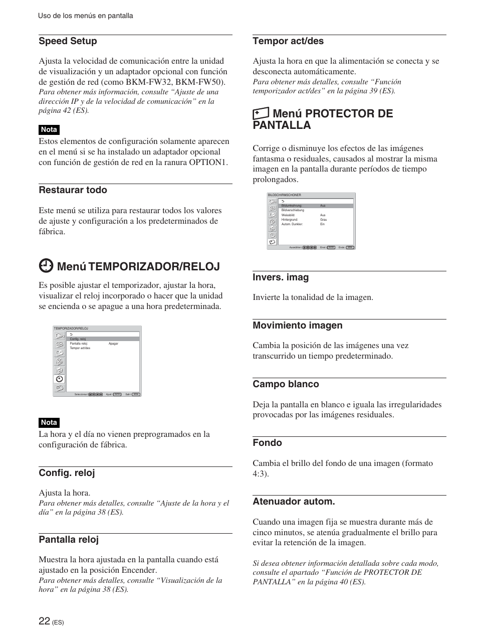 Menú temporizador/reloj, Menú protector de pantalla, Speed setup | Restaurar todo, Config. reloj, Pantalla reloj, Tempor act/des, Invers. imag, Movimiento imagen, Campo blanco | Sony FWD-42PX2 User Manual | Page 222 / 352