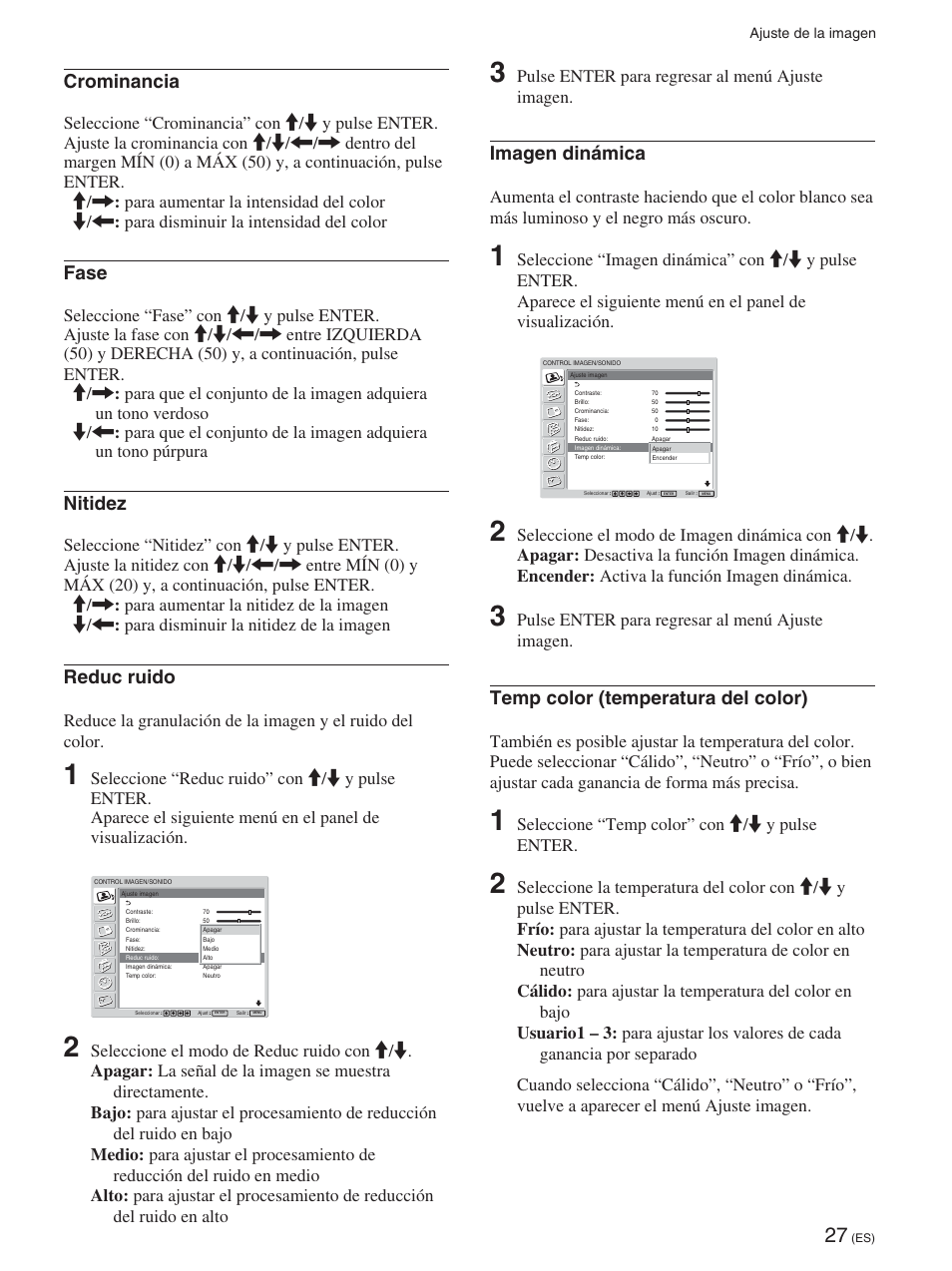 Crominancia, Fase, Nitidez | Reduc ruido, Imagen dinámica, Temp color (temperatura del color), Pulse enter para regresar al menú ajuste imagen, Seleccione “temp color” con m/m y pulse enter | Sony FWD-42PX2 User Manual | Page 227 / 352