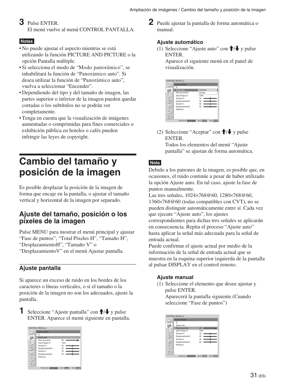 Cambio del tamaño y posición de la imagen, Ajuste pantalla, Notas | Nota | Sony FWD-42PX2 User Manual | Page 231 / 352