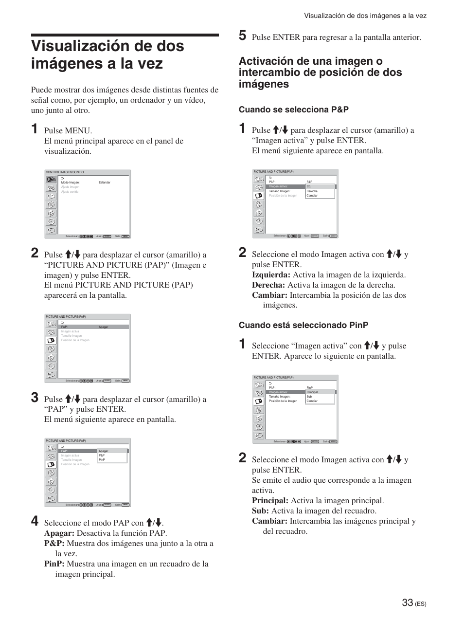 Visualización de dos imágenes a la vez, Pulse enter para regresar a la pantalla anterior, Cuando se selecciona p&p | Sony FWD-42PX2 User Manual | Page 233 / 352