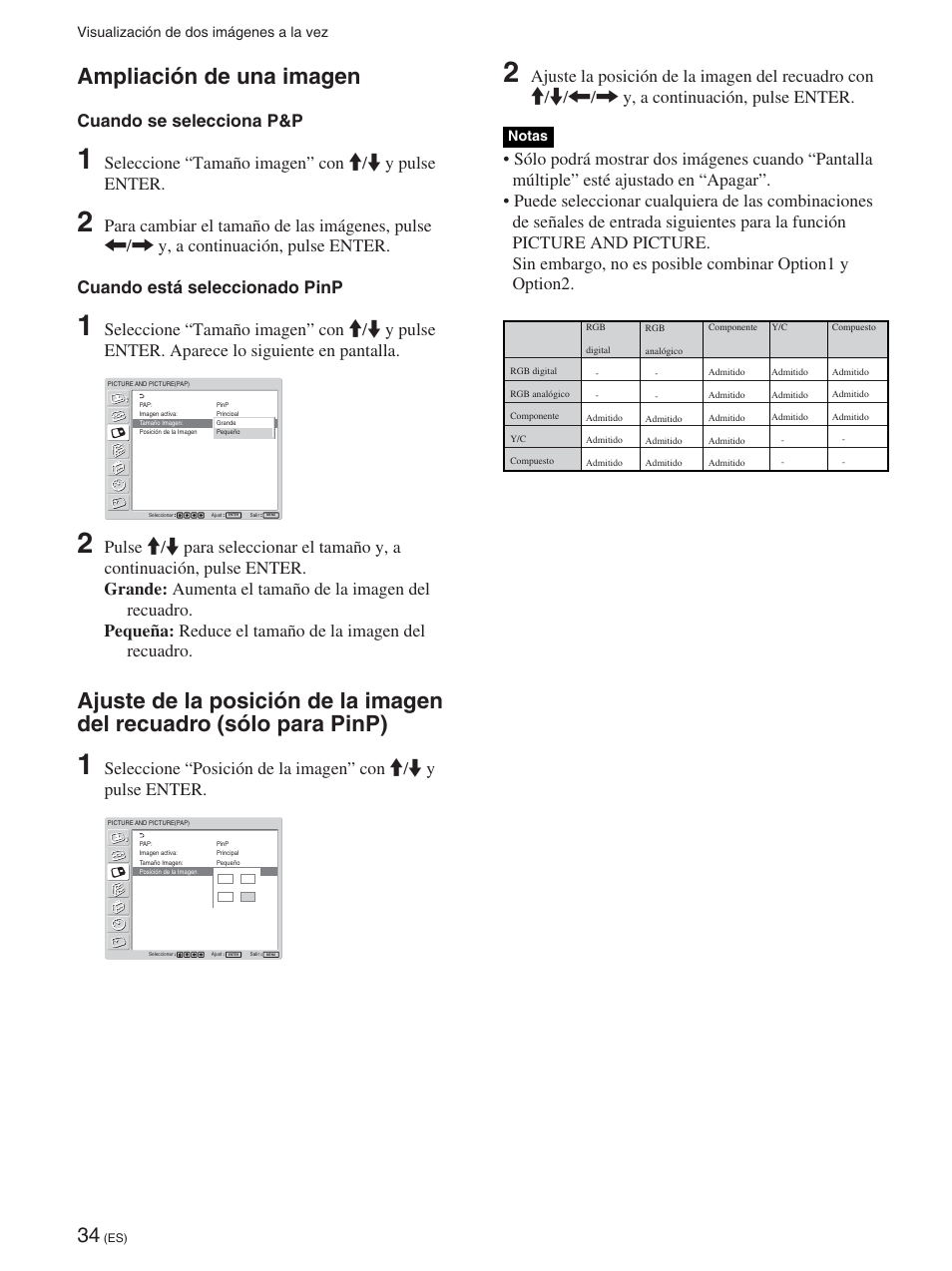 Ampliación de una imagen, Cuando se selecciona p&p, Seleccione “tamaño imagen” con m/m y pulse enter | Sony FWD-42PX2 User Manual | Page 234 / 352