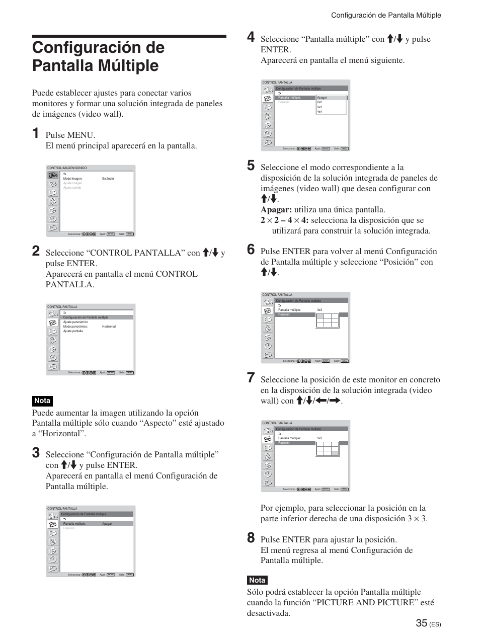Configuración de pantalla múltiple, Nota | Sony FWD-42PX2 User Manual | Page 235 / 352