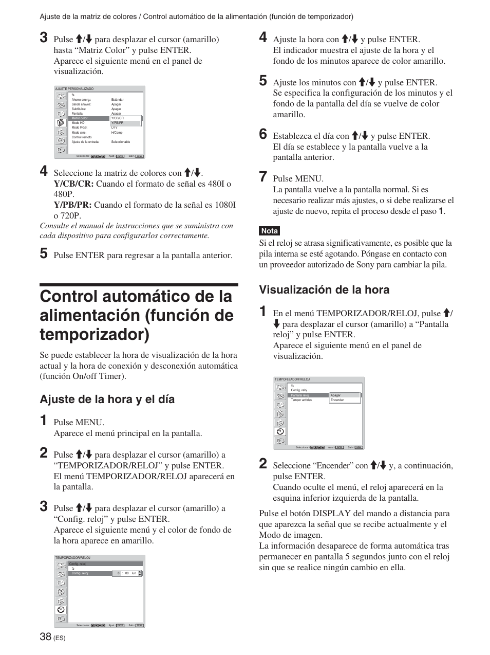 Ajuste de la hora y el día, Visualización de la hora, Pulse enter para regresar a la pantalla anterior | Sony FWD-42PX2 User Manual | Page 238 / 352