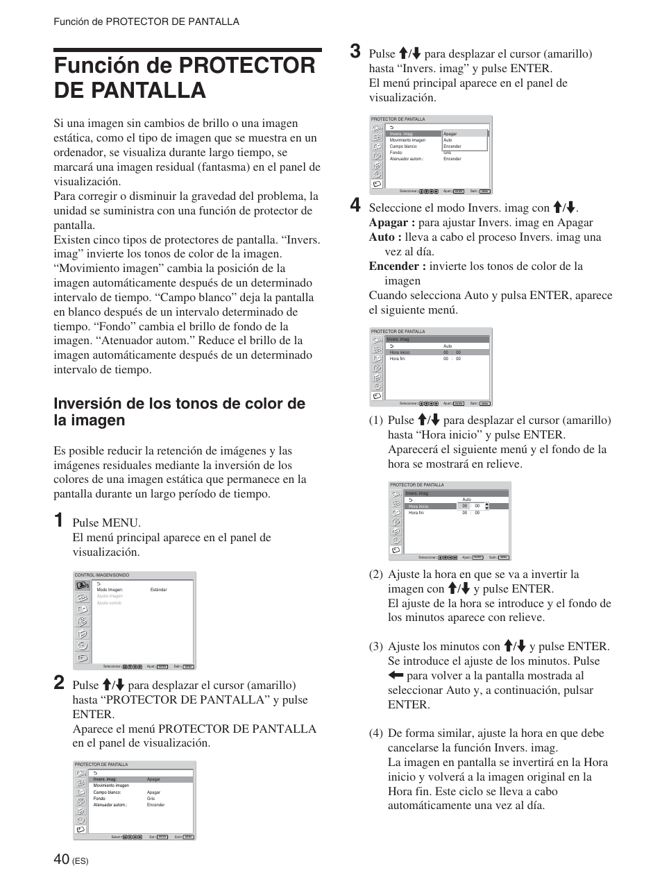Función de protector de pantalla, Inversión de los tonos de color de la imagen | Sony FWD-42PX2 User Manual | Page 240 / 352