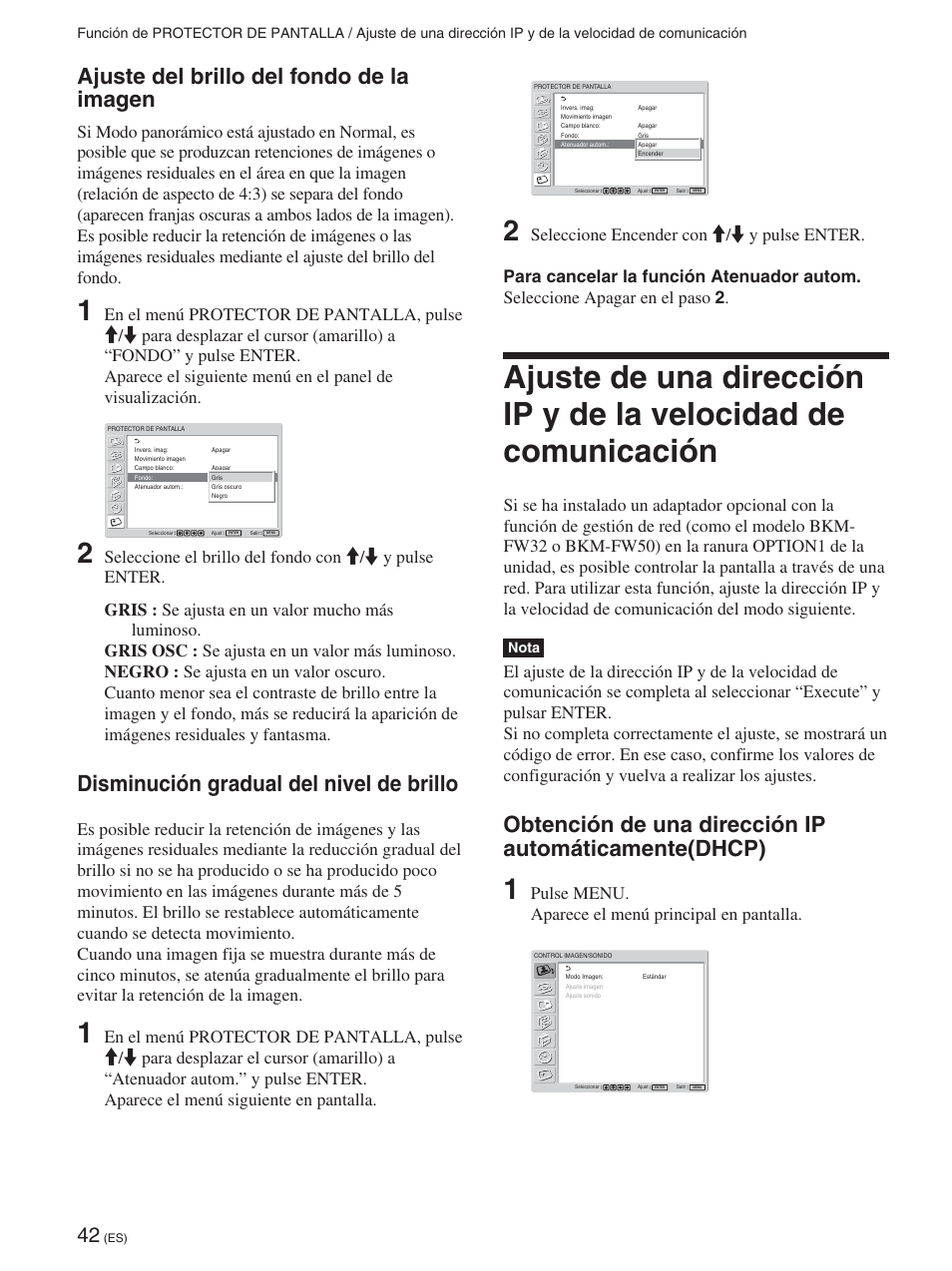 Ajuste del brillo del fondo de la imagen, Disminución gradual del nivel de brillo, Pulse menu. aparece el menú principal en pantalla | Sony FWD-42PX2 User Manual | Page 242 / 352