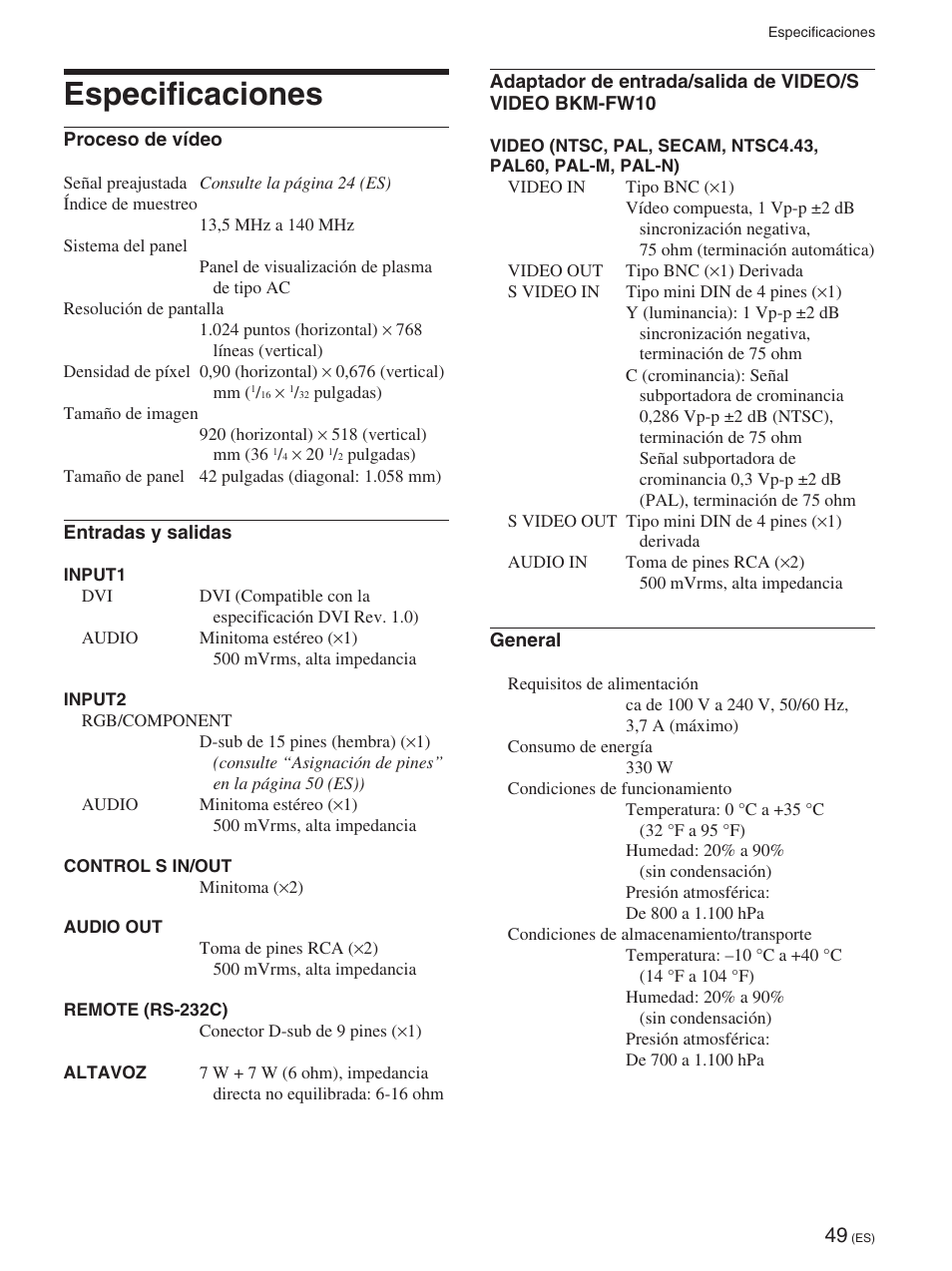 Especificaciones | Sony FWD-42PX2 User Manual | Page 249 / 352