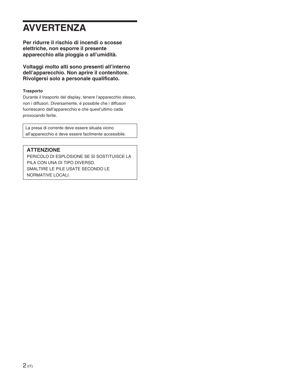 Avvertenza | Sony FWD-42PX2 User Manual | Page 252 / 352