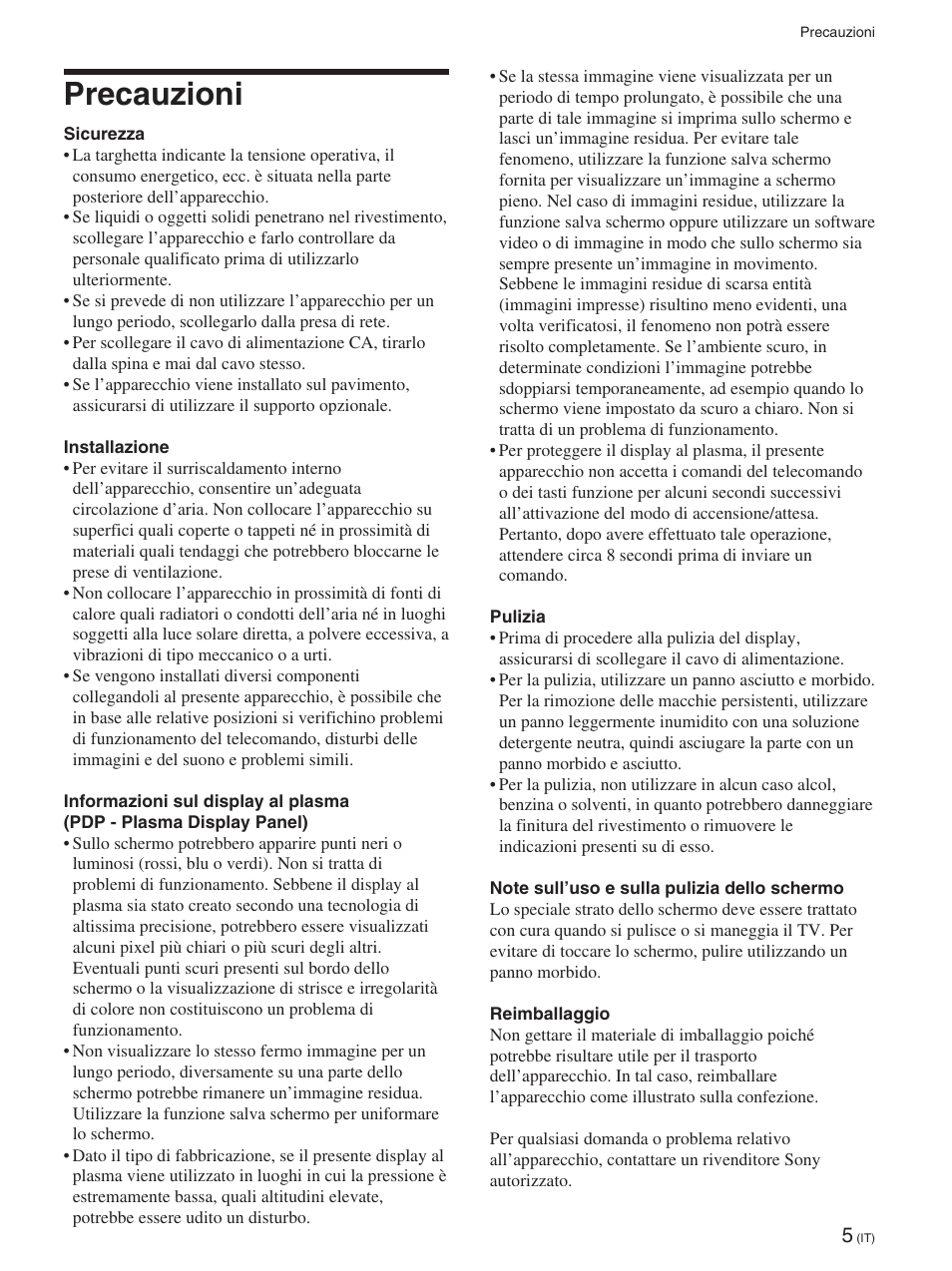 Precauzioni | Sony FWD-42PX2 User Manual | Page 255 / 352