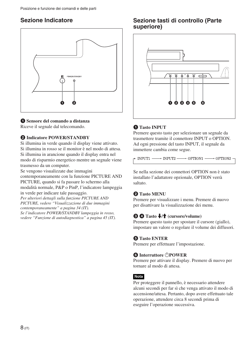 Sezione indicatore, Sezione tasti di controllo (parte superiore) | Sony FWD-42PX2 User Manual | Page 258 / 352