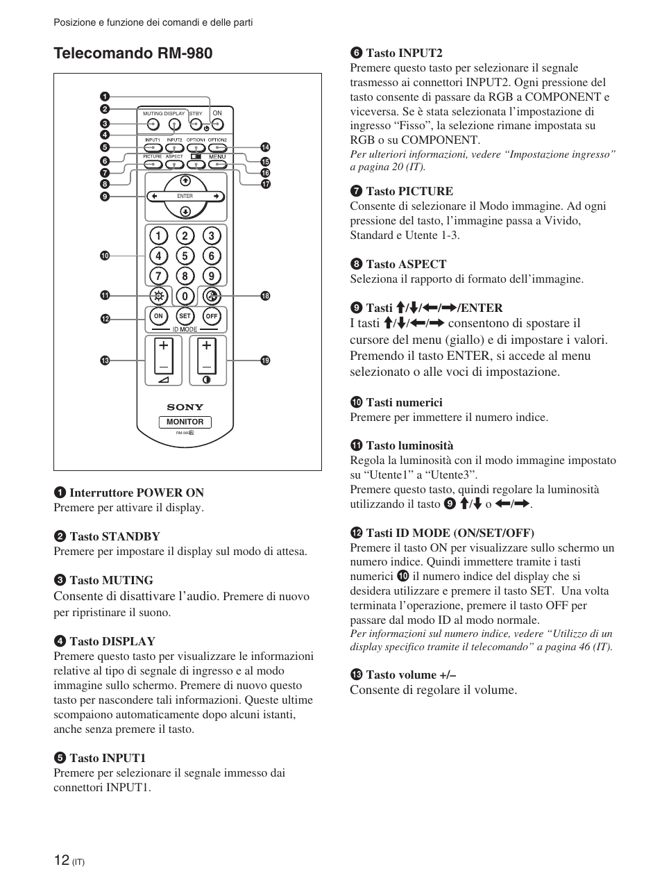 Telecomando rm-980 | Sony FWD-42PX2 User Manual | Page 262 / 352