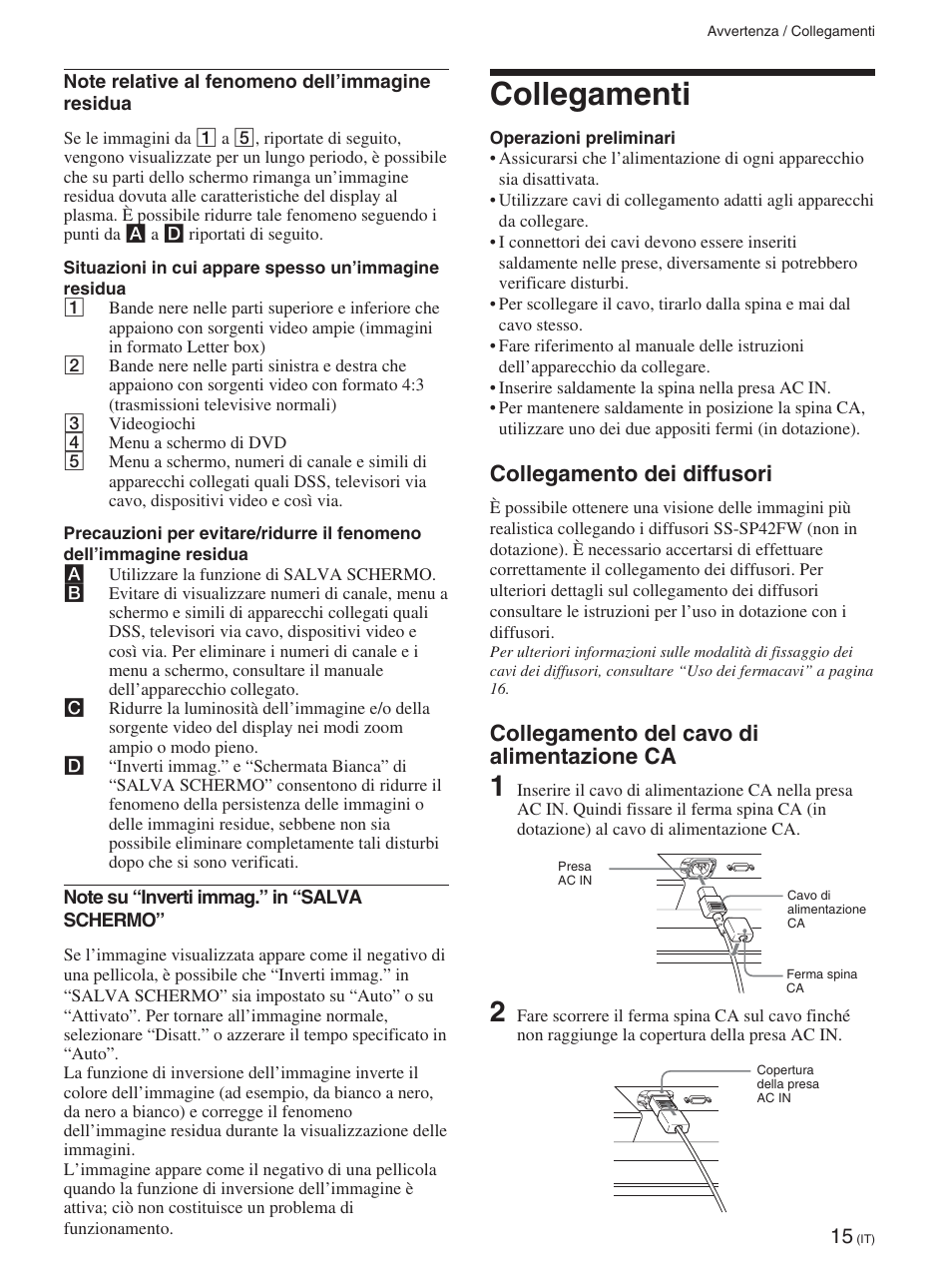 Collegamenti, Collegamento dei diffusori, Collegamento del cavo di alimentazione ca | Sony FWD-42PX2 User Manual | Page 265 / 352