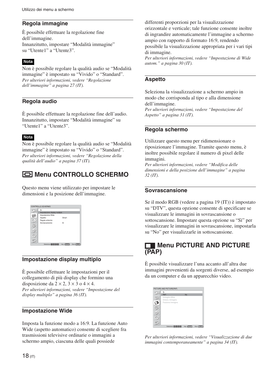 Menu controllo schermo, Menu picture and picture (pap), Regola immagine | Regola audio, Impostazione display multiplo, Impostazione wide, Aspetto, Regola schermo, Sovrascansione | Sony FWD-42PX2 User Manual | Page 268 / 352