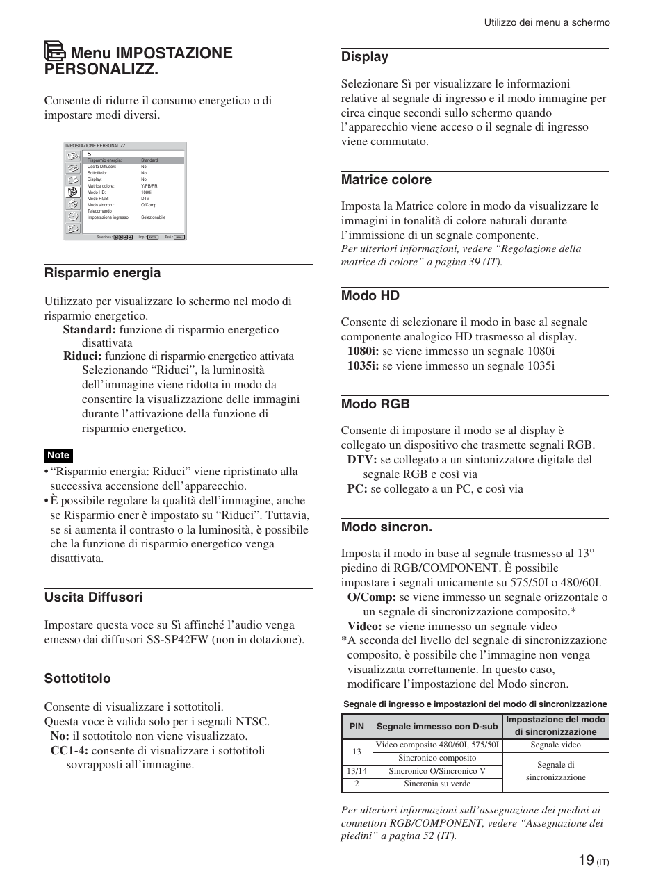 Menu impostazione personalizz, Display, Matrice colore | Modo hd, Modo rgb, Modo sincron, Risparmio energia, Uscita diffusori, Sottotitolo | Sony FWD-42PX2 User Manual | Page 269 / 352