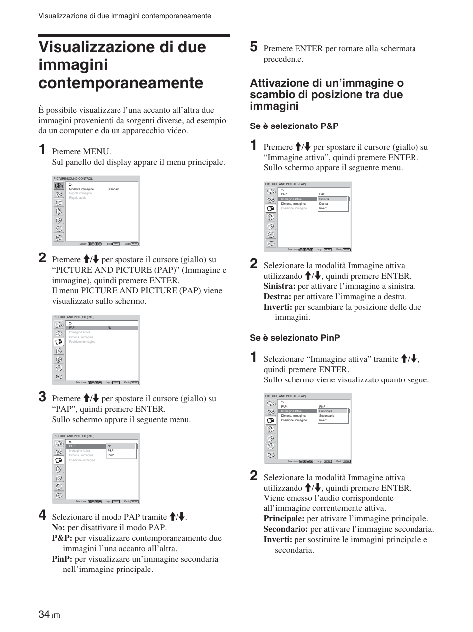 Visualizzazione di due immagini contemporaneamente, Se è selezionato p&p | Sony FWD-42PX2 User Manual | Page 284 / 352