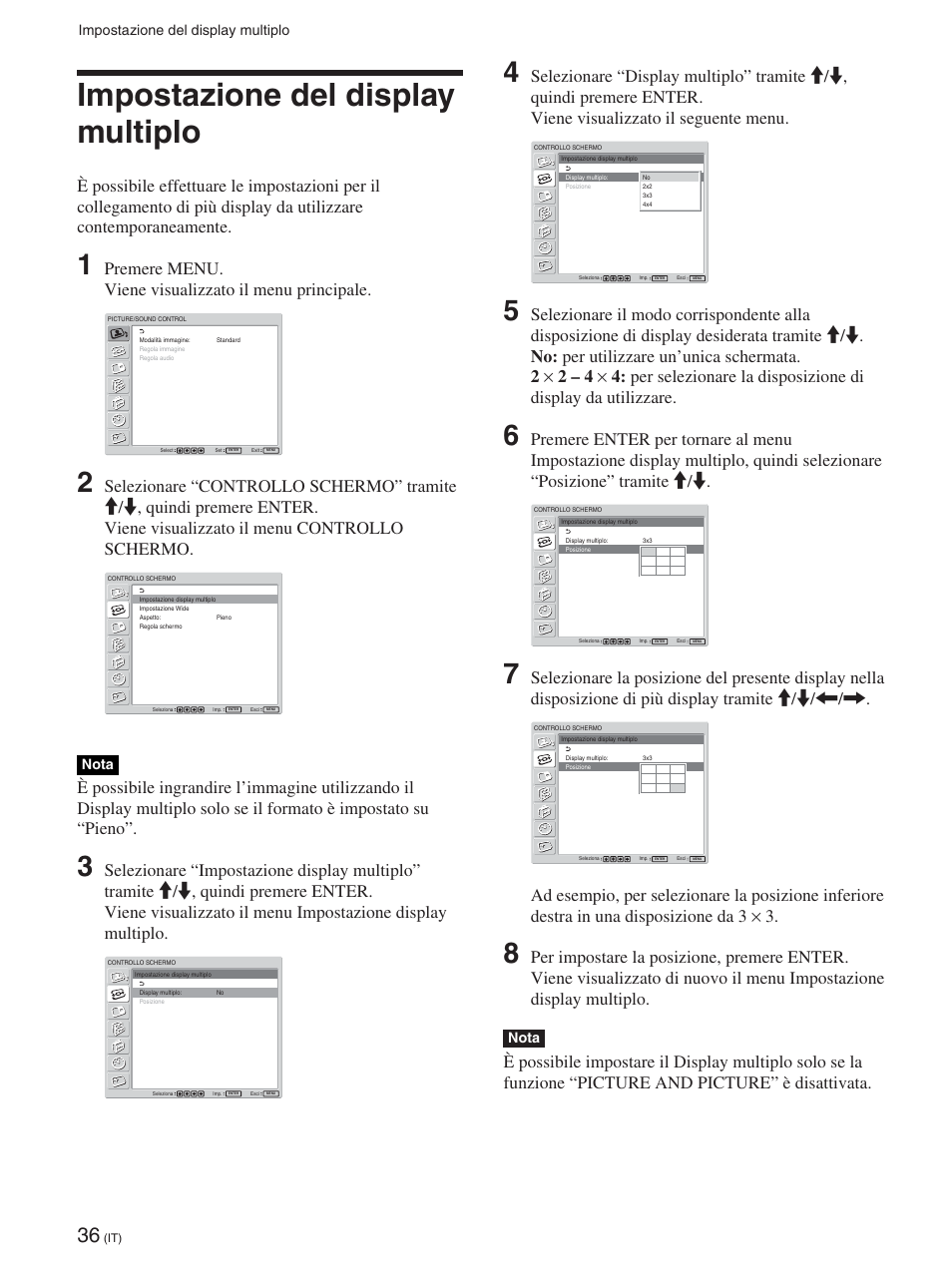 Impostazione del display multiplo, Nota | Sony FWD-42PX2 User Manual | Page 286 / 352