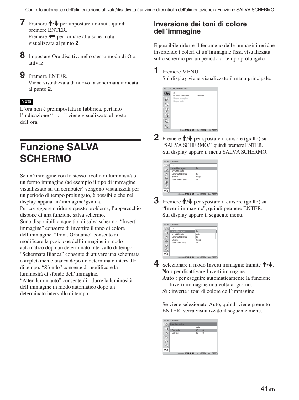 Funzione salva schermo, Inversione dei toni di colore dell’immagine | Sony FWD-42PX2 User Manual | Page 291 / 352