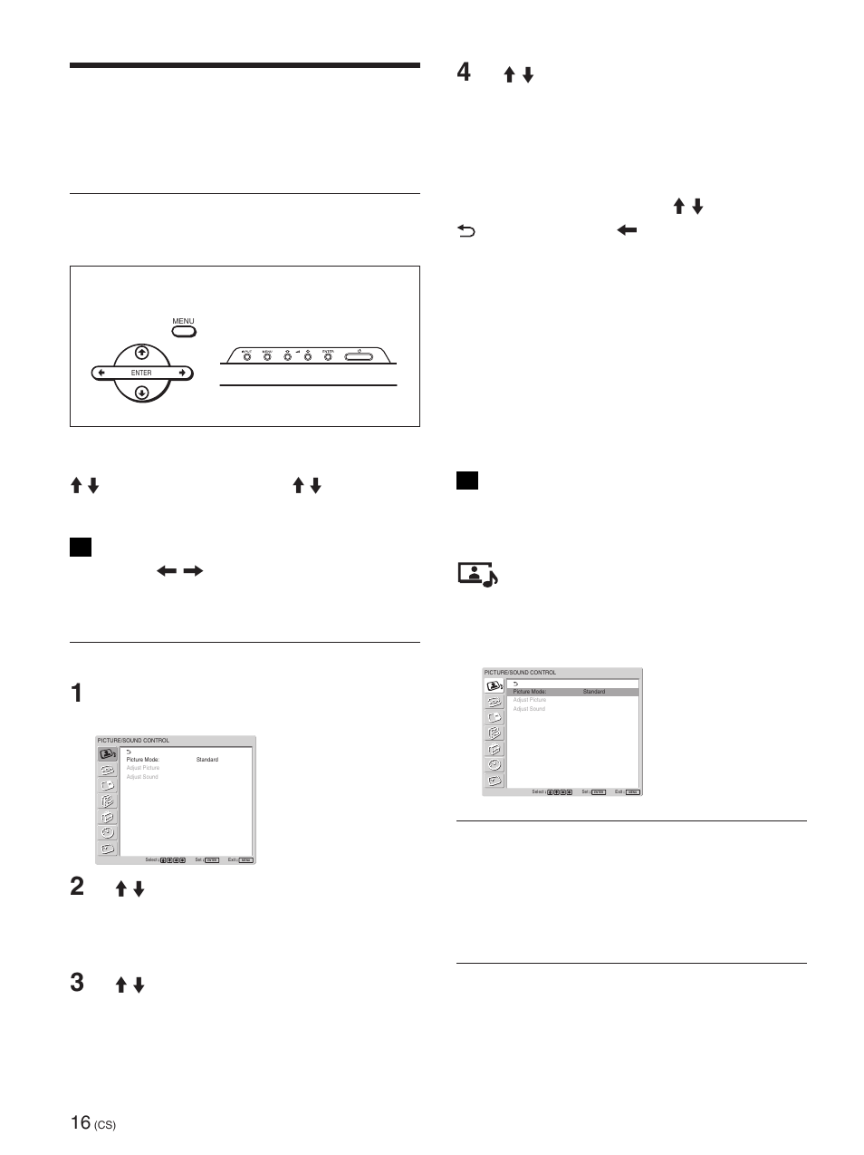 使用屏幕菜单, 通过菜单操作, 菜单指南 | Picture/sound control （图像／声音控制）菜单, 菜单操作键, 菜单结构, Picture mode（图像模式, Adjust picture（图像调整, 使用显示器或遥控器上的键用于菜单操作, 主机上没有 </, 键，因此，部分操作有不同之 处 | Sony FWD-42PX2 User Manual | Page 318 / 352