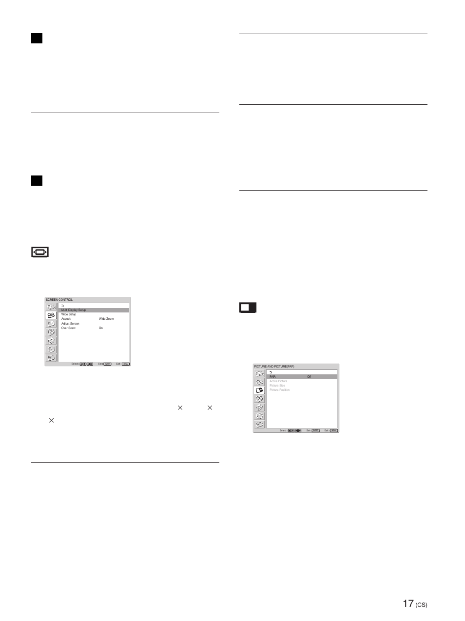 Screen control（画面控 制）菜单, Picture and picture (pap) 菜单, Adjust sound（调整声音 | 多显示器设置, Wide setup（宽屏幕设定, Aspect（宽屏幕模式, Adjust screen（调整屏幕, Over scan（全画面模式, 可对音质进行微调。 首先将 picture mode（图像模式）设定为 user 1- 3, 此菜单用于重新确定图像的尺寸和位置 | Sony FWD-42PX2 User Manual | Page 319 / 352