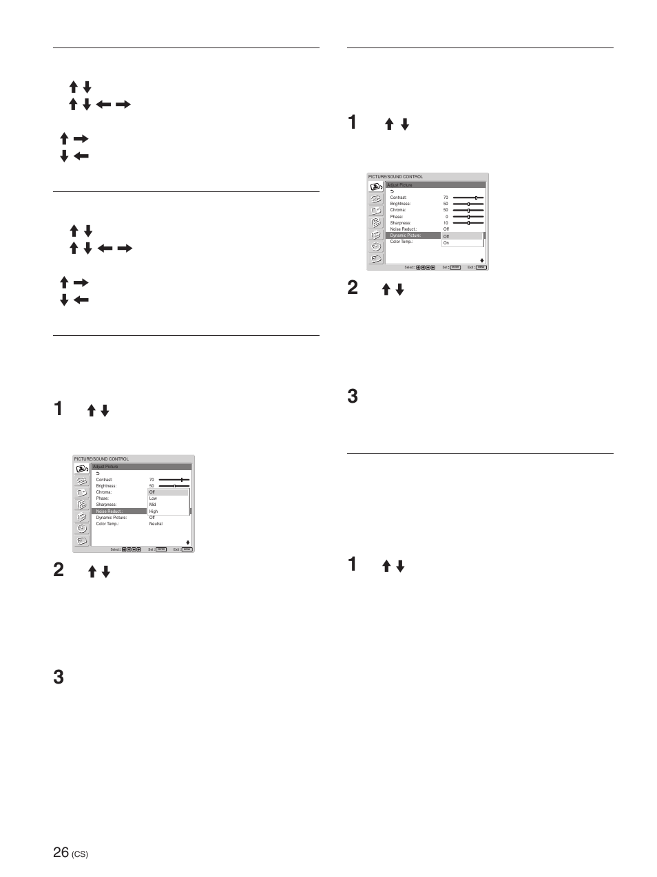 Phase（相位, Sharpness（锐度, Noise reduct.（减噪 | Dynamic picture（动态图像, Color temp.（色温, 减少图像颗粒和色彩噪音, 用 m/m 键选择“noise reduct.”并按 enter 键。 以下菜单出现在显示器屏幕上, 按 enter 键恢复至 adjust picture（调整图 像）菜单, 使白色更白，黑色更黑以提高对比度, 您也可以设定色温。可以选择“cool”、 “neutral”或“warm”、或者单独设定各增益 值 | Sony FWD-42PX2 User Manual | Page 328 / 352
