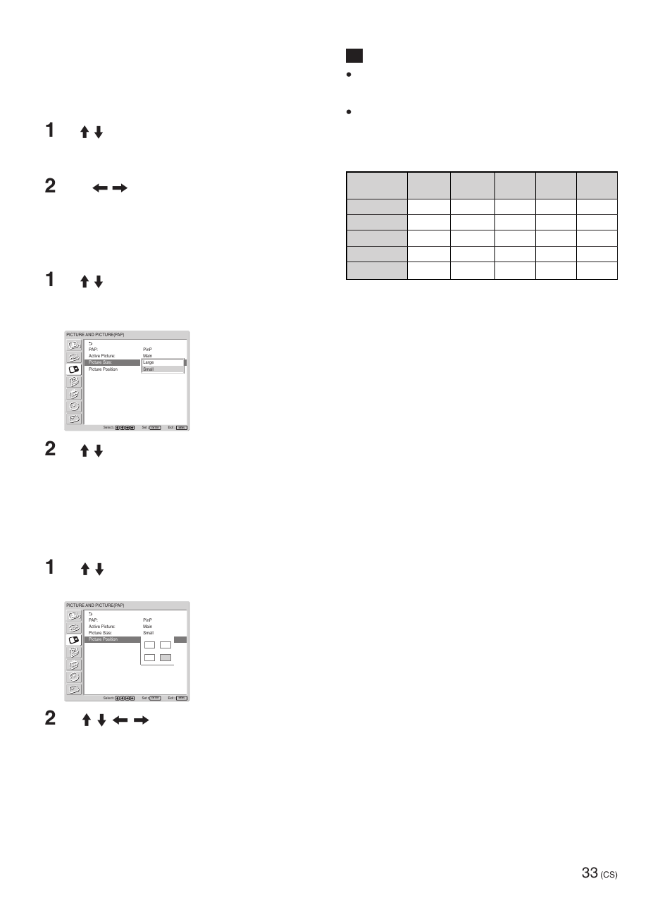 局部放大图像, 调整内插图像的位置（仅适用于 pinp, 当 p&p 被选择时 | 按 m/m 键选择“picture size”，然后按 enter 键, 按住 </, 键改变图像尺寸，然后按 enter 键。 当 pinp 被选择时, 用 m/m 键选择“picture size”，然后按 enter 键。 下列菜单出现在显示器屏幕上, 用 m/m 键选择“picture position”，然后按 enter 键, 用 m/m/</, 键调整内插图像的位置，然后 按 enter 键 | Sony FWD-42PX2 User Manual | Page 335 / 352