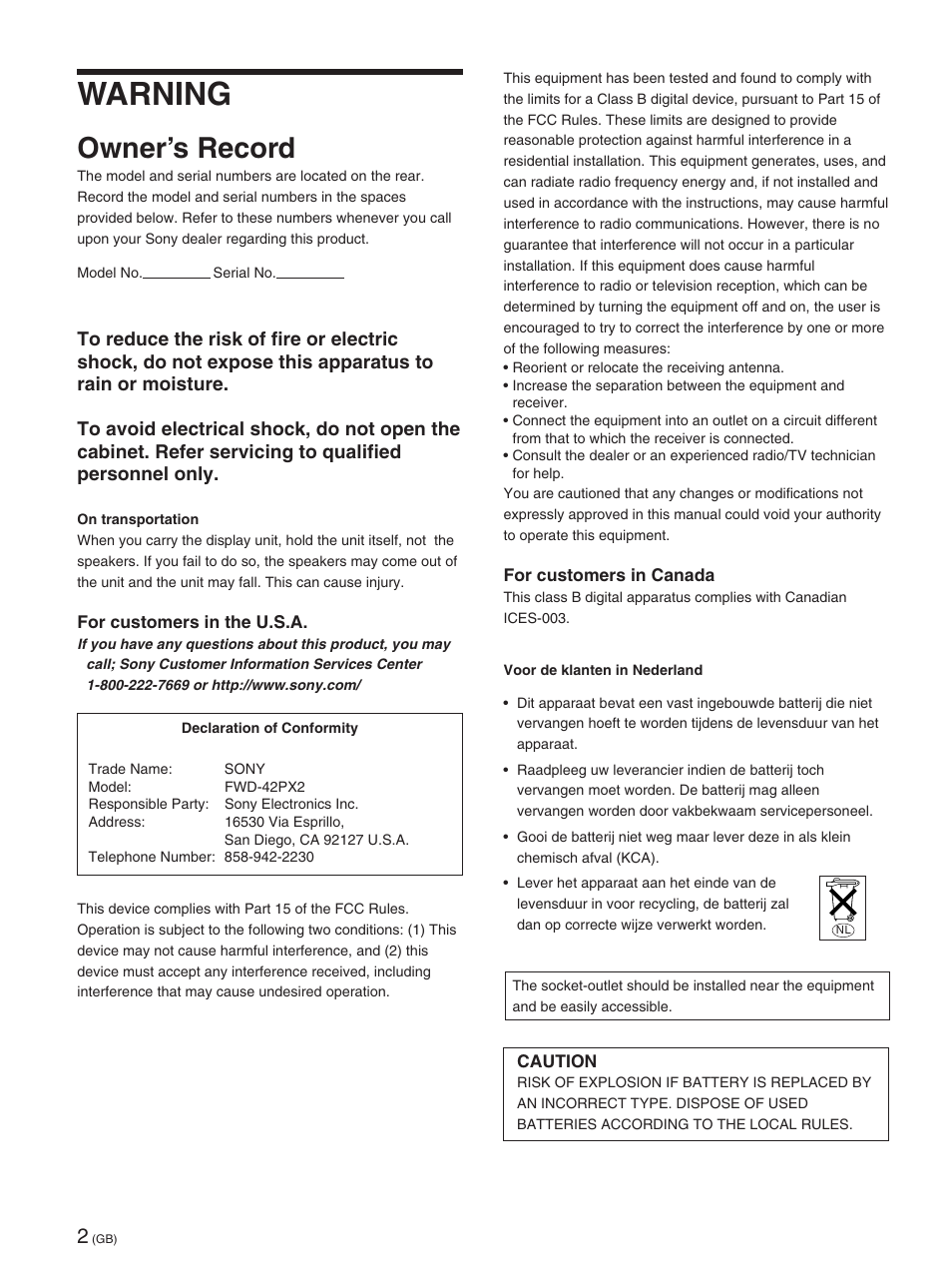 Warning, Owner’s record | Sony FWD-42PX2 User Manual | Page 52 / 352