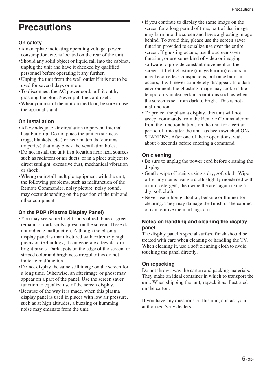 Precautions | Sony FWD-42PX2 User Manual | Page 55 / 352