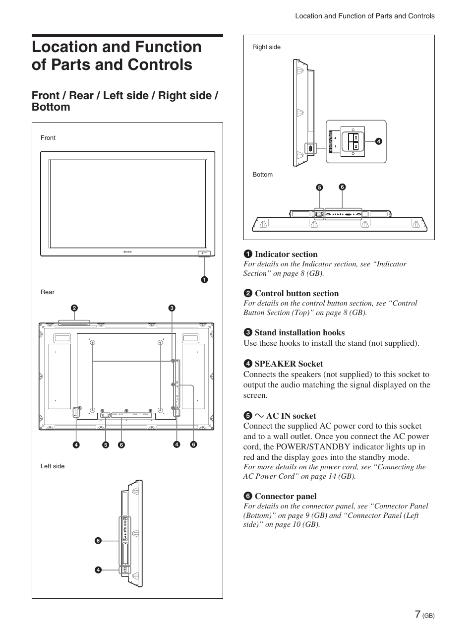 Location and function of parts and controls, Front / rear / left side / right side / bottom | Sony FWD-42PX2 User Manual | Page 57 / 352