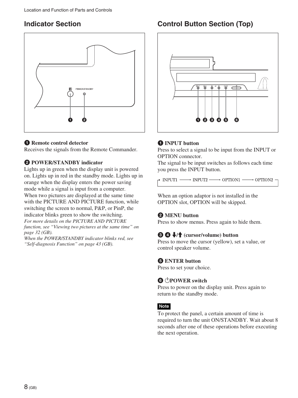 Indicator section, Control button section (top) | Sony FWD-42PX2 User Manual | Page 58 / 352