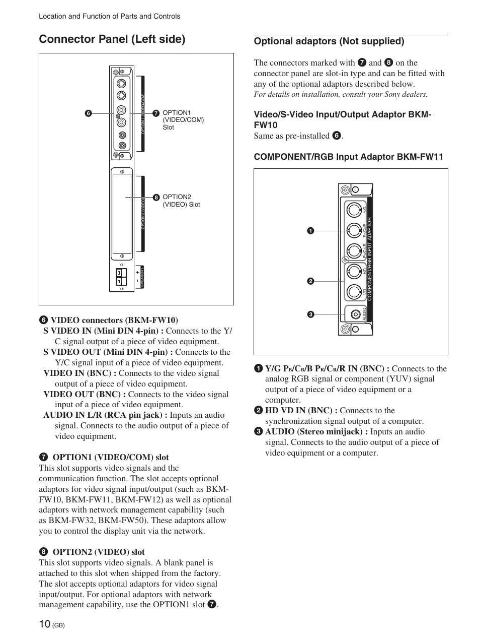 Connector panel (left side), Optional adaptors (not supplied) | Sony FWD-42PX2 User Manual | Page 60 / 352