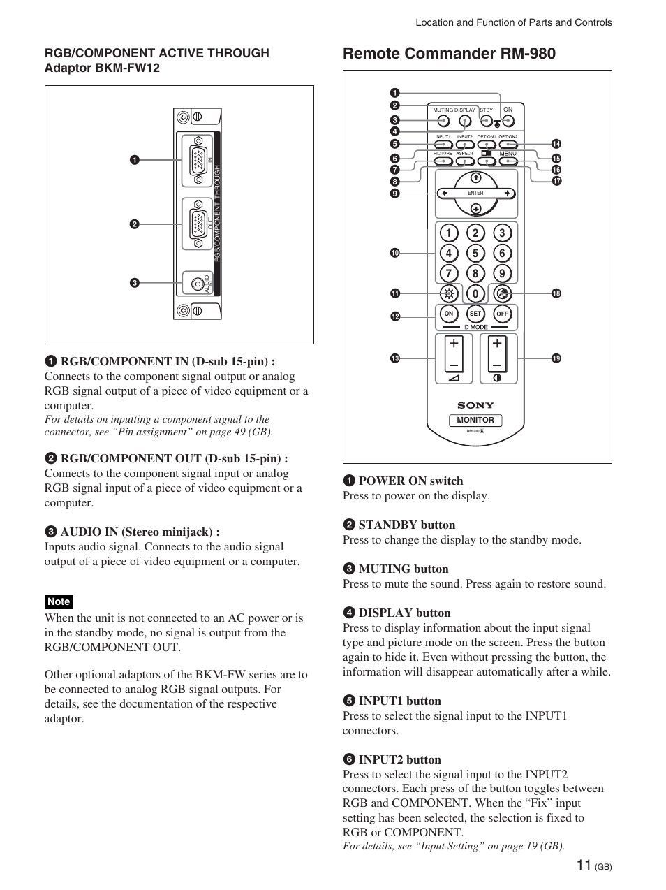 Remote commander rm-980 | Sony FWD-42PX2 User Manual | Page 61 / 352