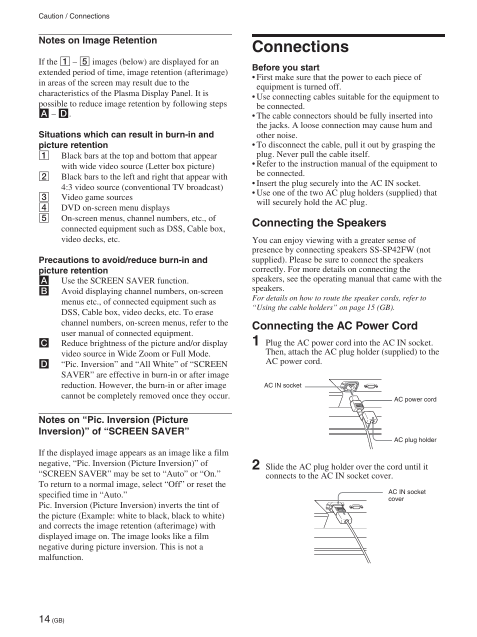 Connections, Connecting the speakers, Connecting the ac power cord | Sony FWD-42PX2 User Manual | Page 64 / 352