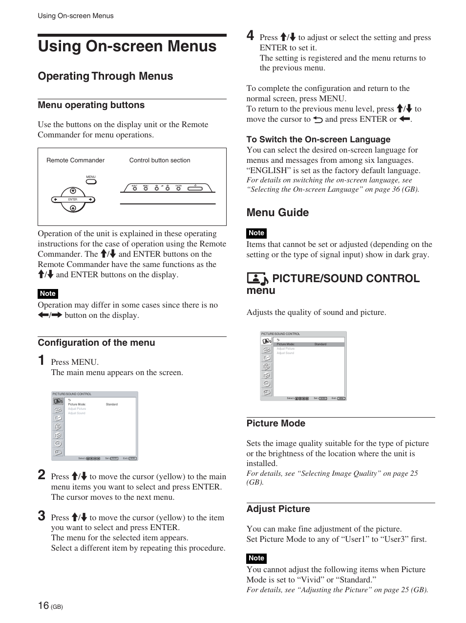 Using on-screen menus, Operating through menus, Menu guide | Picture/sound control menu, Menu operating buttons, Configuration of the menu, Picture mode, Adjust picture | Sony FWD-42PX2 User Manual | Page 66 / 352