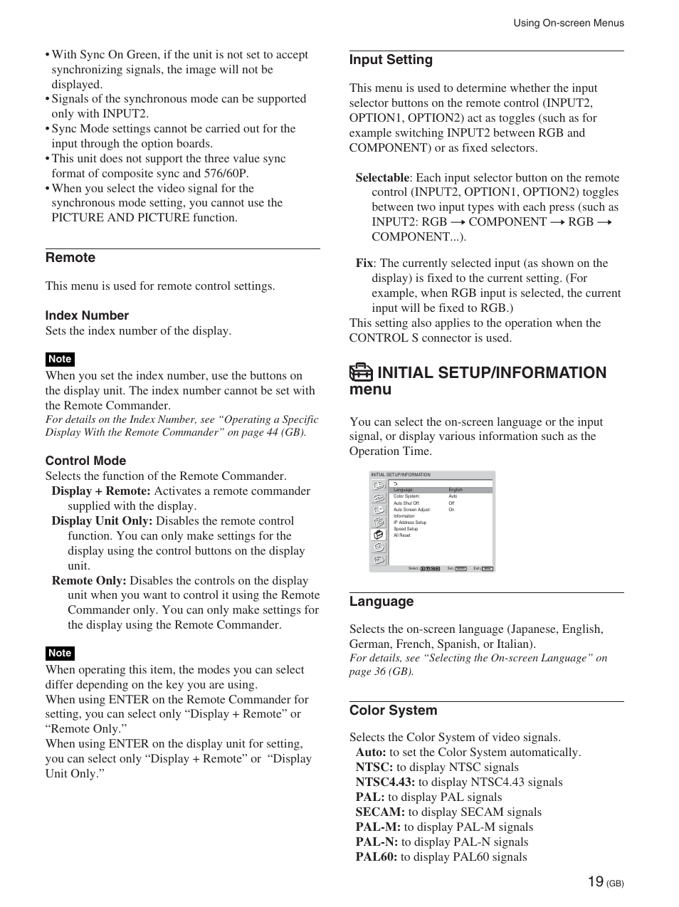 Initial setup/information menu, Remote, Input setting | Language, Color system | Sony FWD-42PX2 User Manual | Page 69 / 352