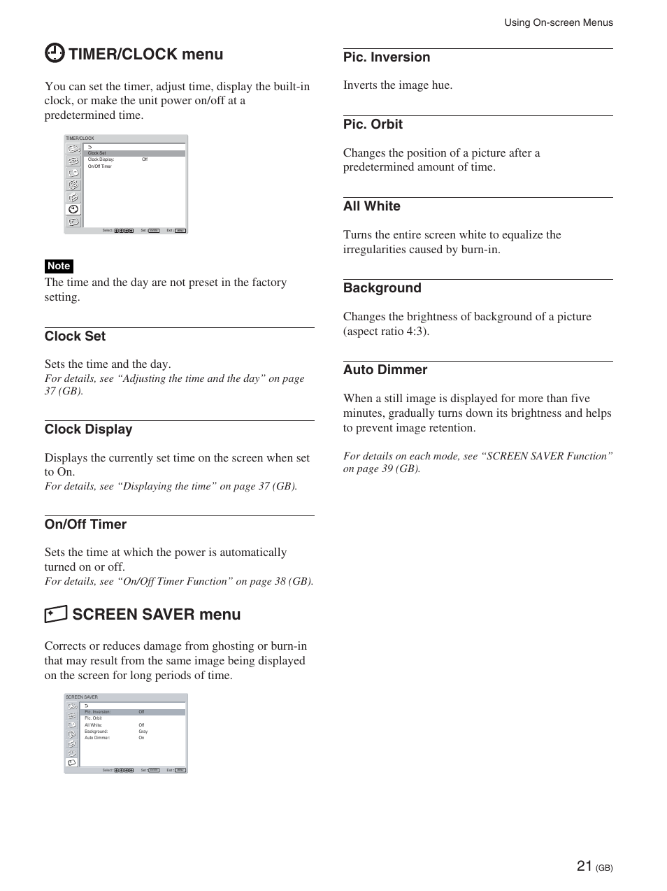Timer/clock menu, Screen saver menu, Clock set | Clock display, On/off timer, Pic. inversion, Pic. orbit, All white, Background, Auto dimmer | Sony FWD-42PX2 User Manual | Page 71 / 352
