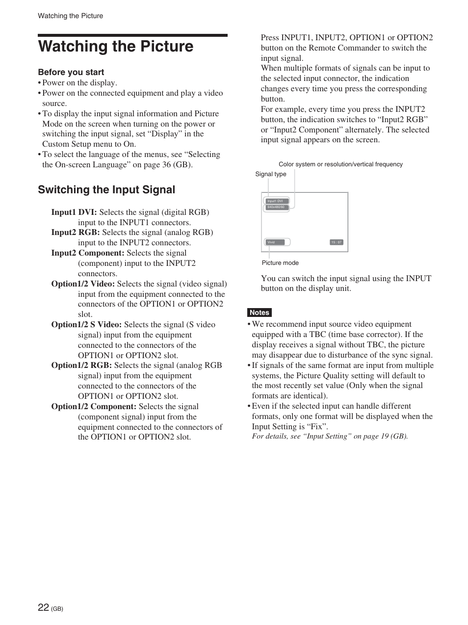 Watching the picture, Switching the input signal | Sony FWD-42PX2 User Manual | Page 72 / 352