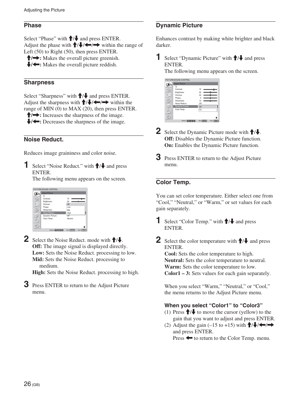 Dynamic picture, Color temp, Phase | Sharpness, Noise reduct, Press enter to return to the adjust picture menu, Select “color temp.” with m/m and press enter, Reduces image graininess and color noise | Sony FWD-42PX2 User Manual | Page 76 / 352
