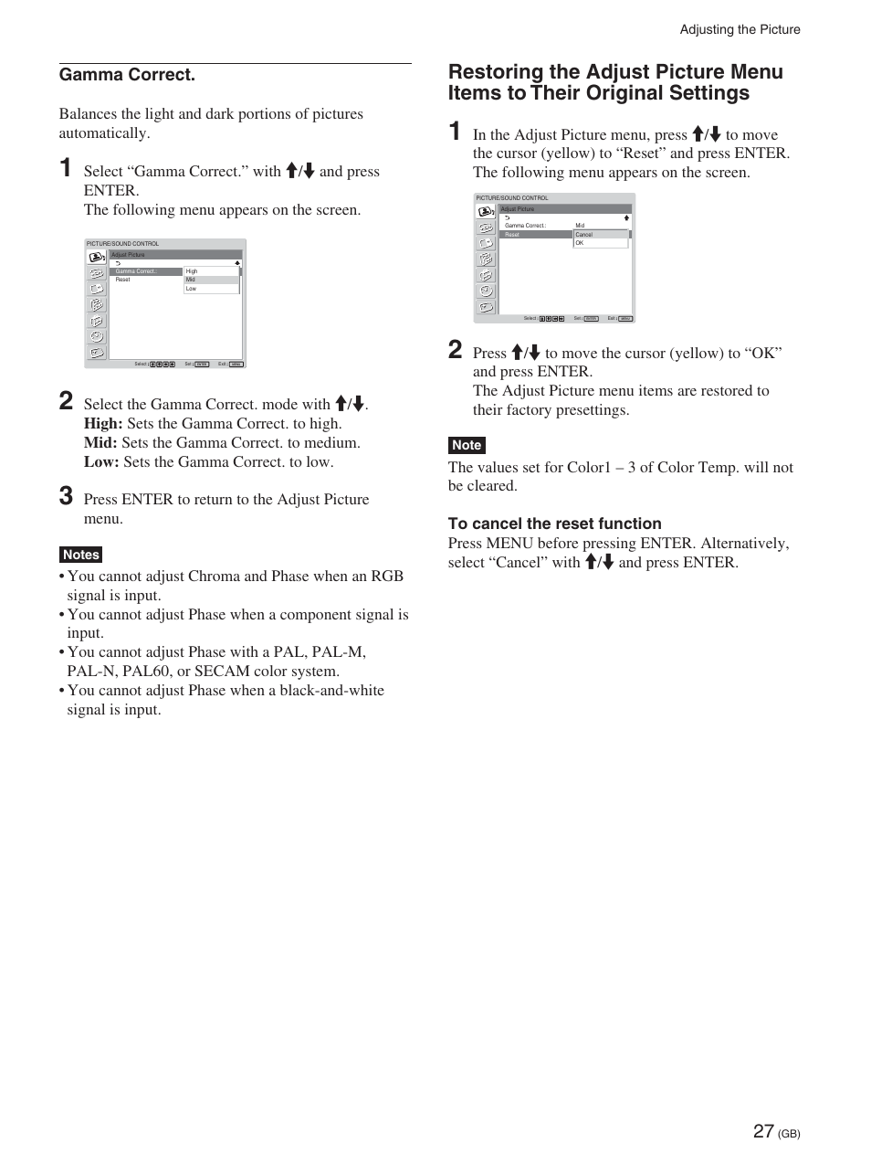 Gamma correct, Press enter to return to the adjust picture menu | Sony FWD-42PX2 User Manual | Page 77 / 352