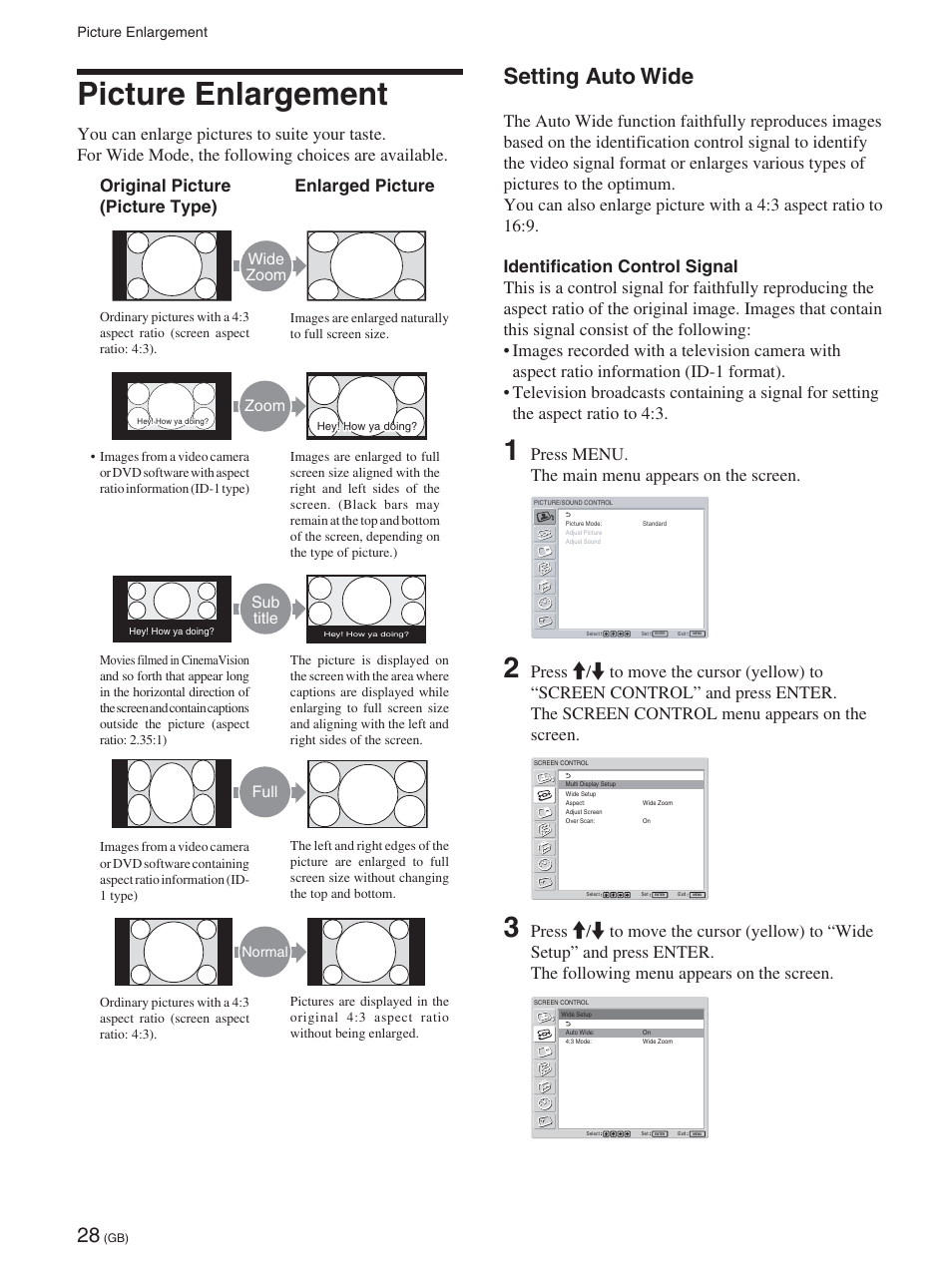 Picture enlargement, Setting auto wide, Press menu. the main menu appears on the screen | Wide zoom, Zoom, Sub title, Full | Sony FWD-42PX2 User Manual | Page 78 / 352