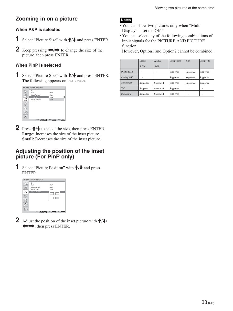Zooming in on a picture, When p&p is selected, Select “picture size” with m/m and press enter | Select “picture position” with m/m and press enter | Sony FWD-42PX2 User Manual | Page 83 / 352
