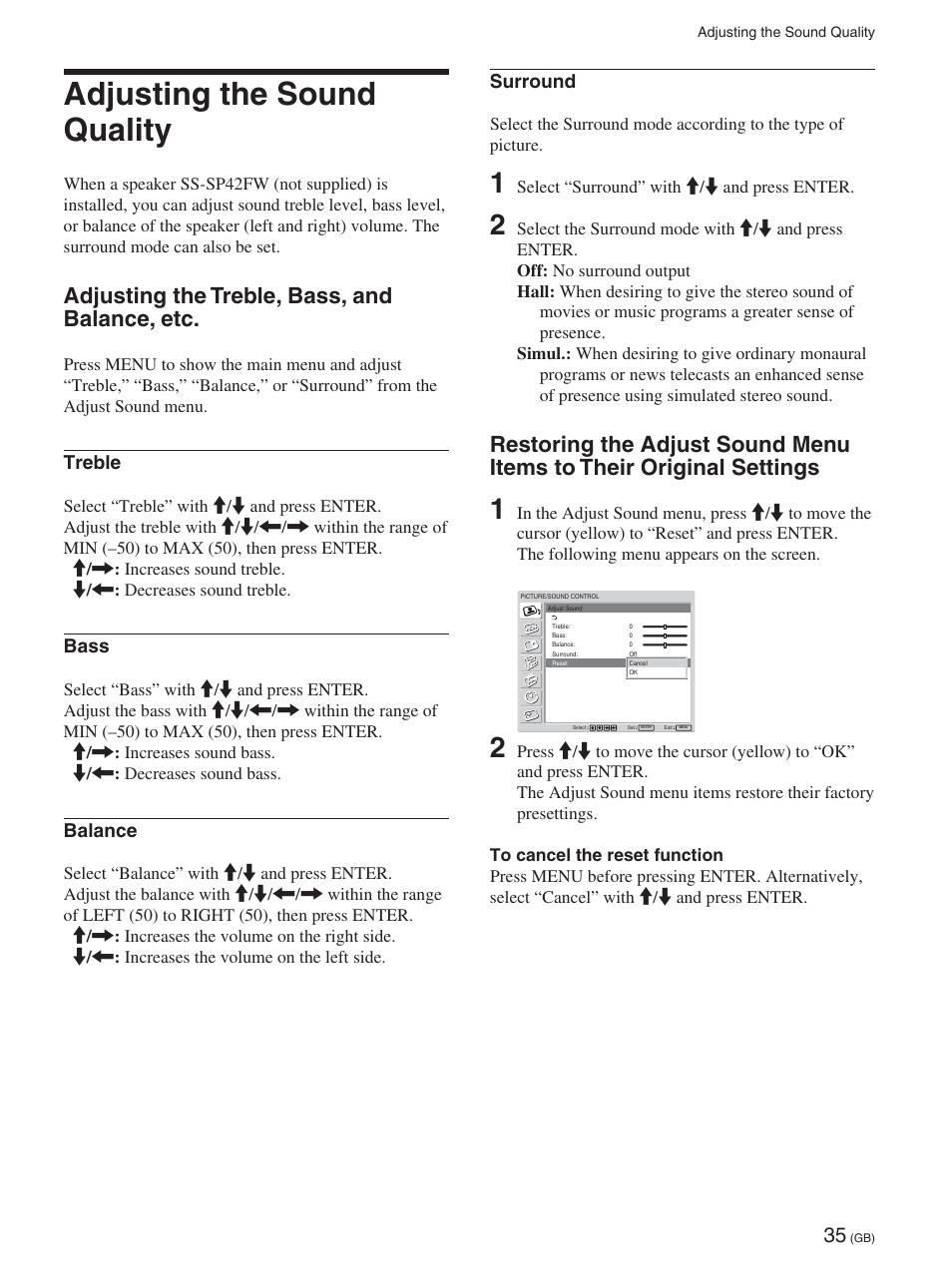 Adjusting the sound quality, Adjusting the treble, bass, and balance, etc, Treble | Bass, Balance, Surround | Sony FWD-42PX2 User Manual | Page 85 / 352