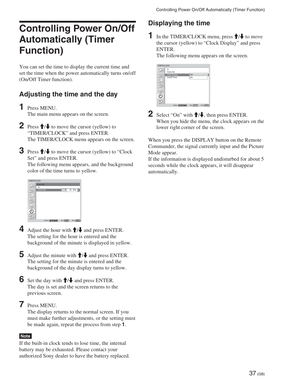 Adjusting the time and the day, Displaying the time | Sony FWD-42PX2 User Manual | Page 87 / 352