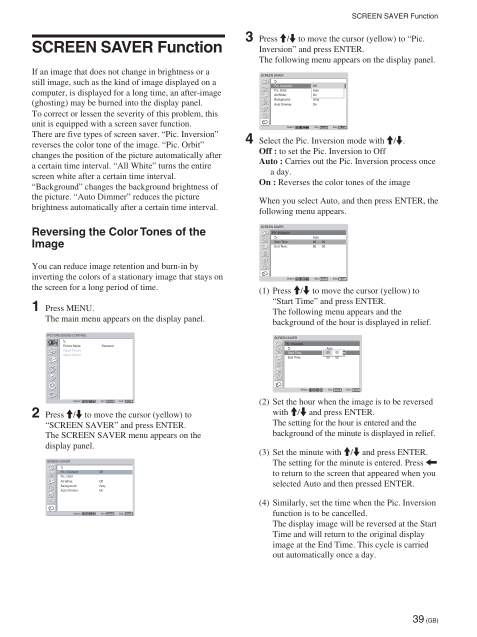 Screen saver function, Reversing the color tones of the image | Sony FWD-42PX2 User Manual | Page 89 / 352