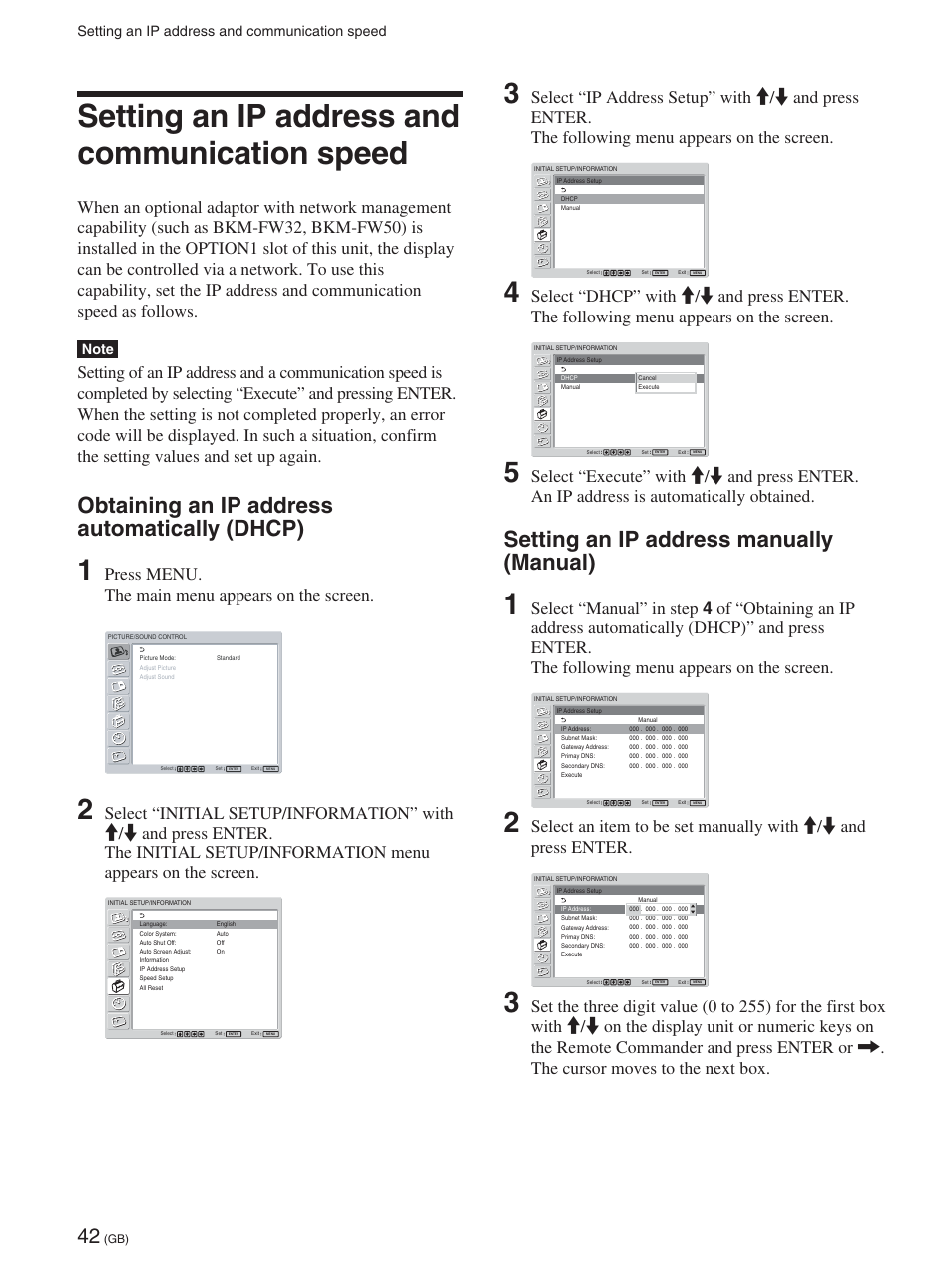 Setting an ip address and communication speed, Obtaining an ip address automatically (dhcp), Setting an ip address manually (manual) | Press menu. the main menu appears on the screen | Sony FWD-42PX2 User Manual | Page 92 / 352