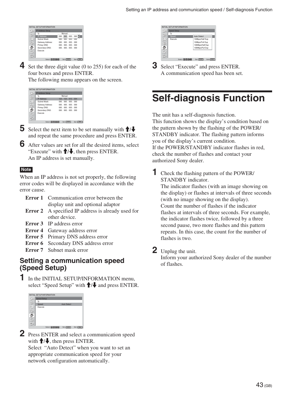 Setting a communication speed (speed setup), Self-diagnosis function | Sony FWD-42PX2 User Manual | Page 93 / 352