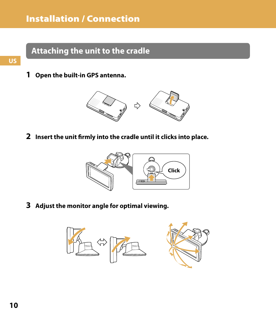 Installation / connection, Attaching the unit to the cradle 1 | Sony NV-U74T User Manual | Page 10 / 104