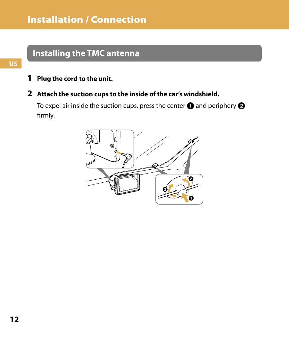 Installation / connection, Installing the tmc antenna 1 | Sony NV-U74T User Manual | Page 12 / 104