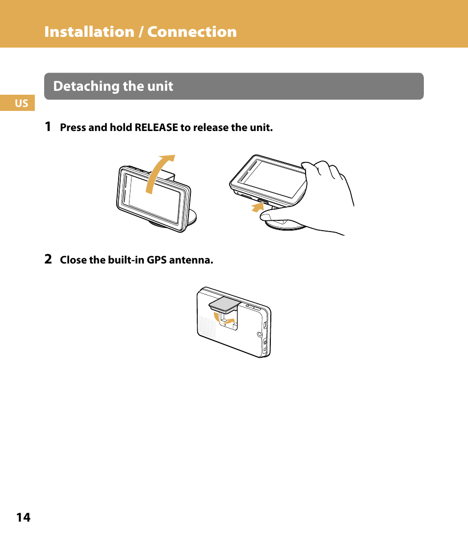 Installation / connection, Detaching the unit 1 | Sony NV-U74T User Manual | Page 14 / 104