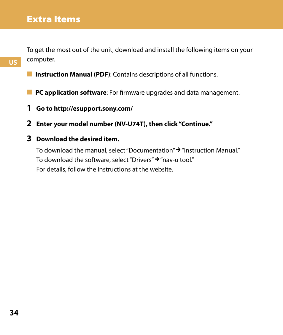 Extra items | Sony NV-U74T User Manual | Page 34 / 104