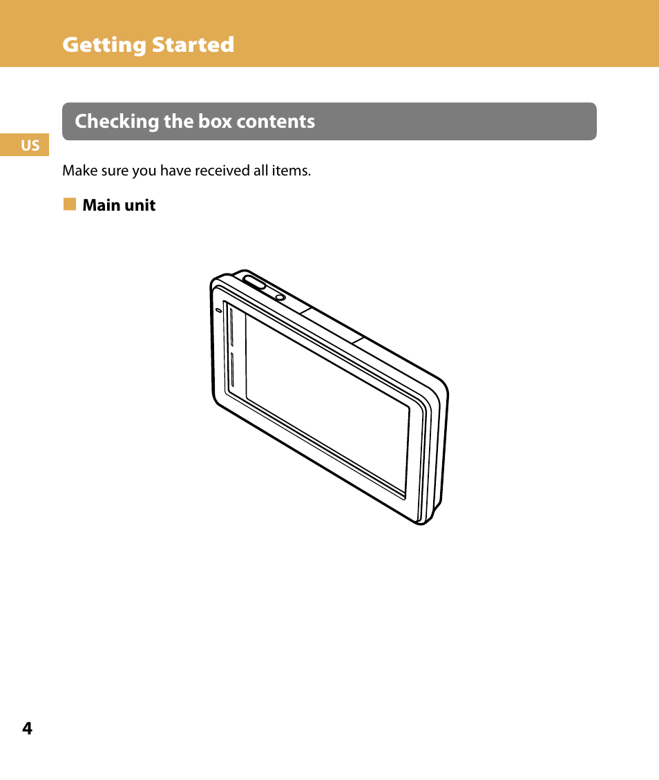 Getting started, Checking the box contents | Sony NV-U74T User Manual | Page 4 / 104